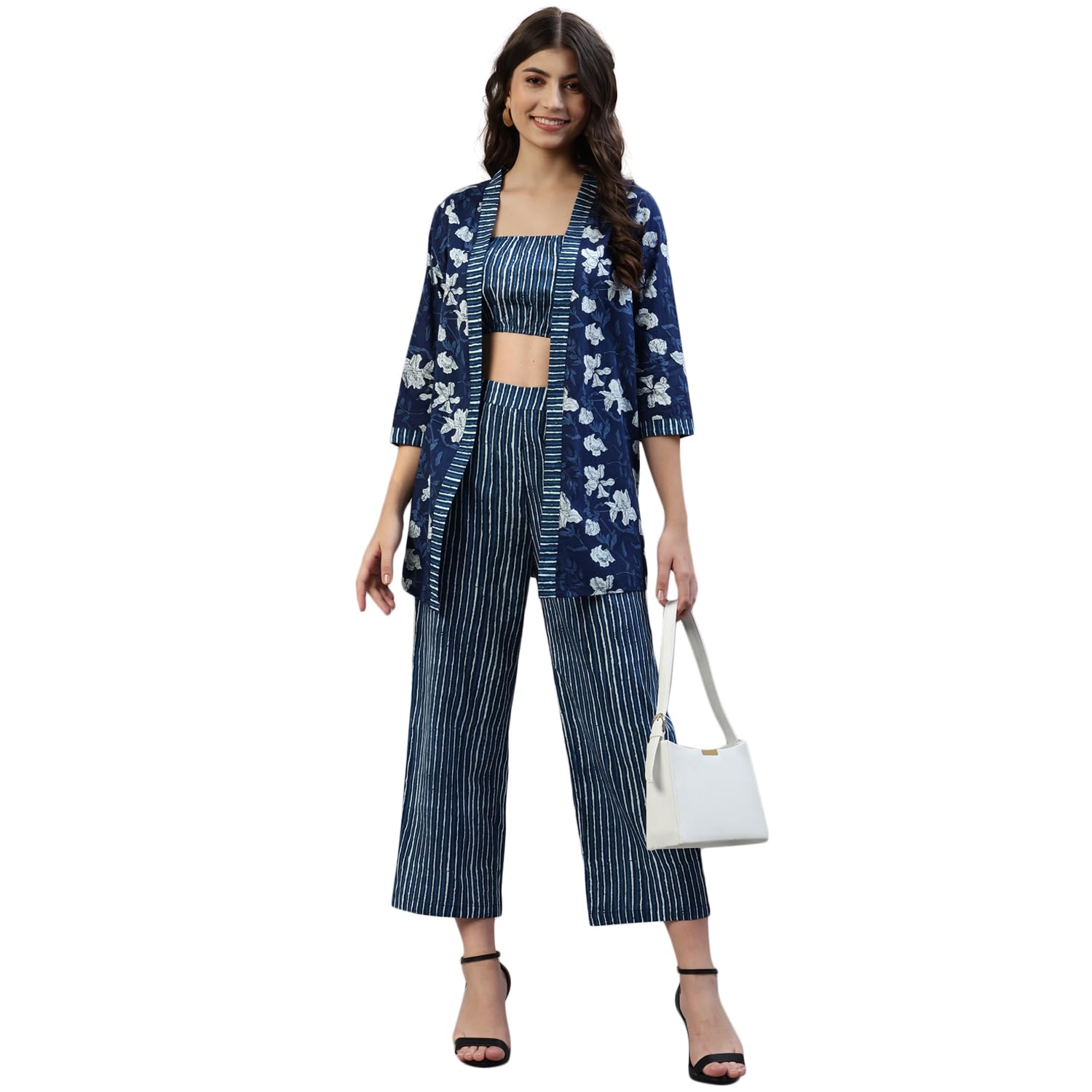 deebaco Women's Indigo Print Cotton Relaxed Fit Bustier, Shrug & Pants Set for Women|Top, Open Front Long Shrug & Elasticat Waist Pants Western Casual Wear Girls Cord Set Outfit for Ladies (Navy Blue)-picture-37