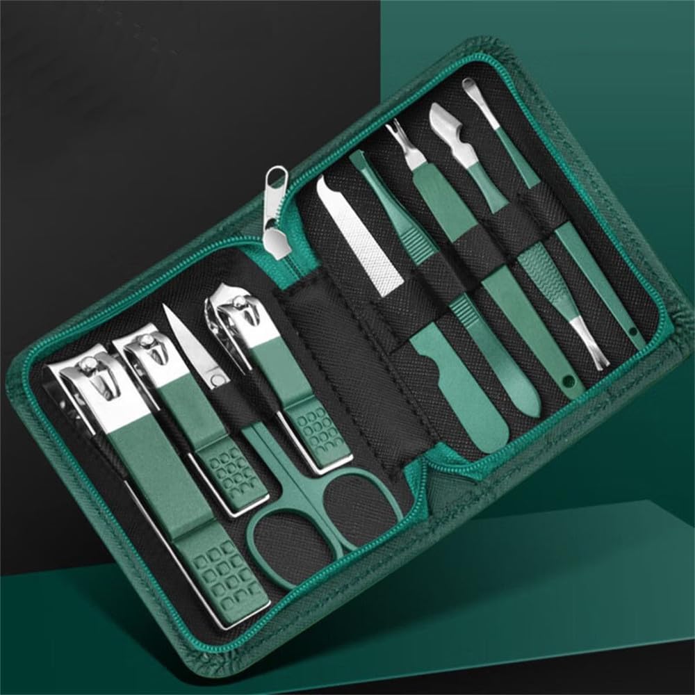 Juego de Tijeras para uñas, cortaúñas de Acero Inoxidable para Uso doméstico, para pedicura, Color Verde, 9 Piezas (Juego Verde de 9 Piezas)