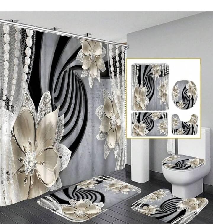 Rideaux de douche imperméables et tapis de WC gris faciles à laver