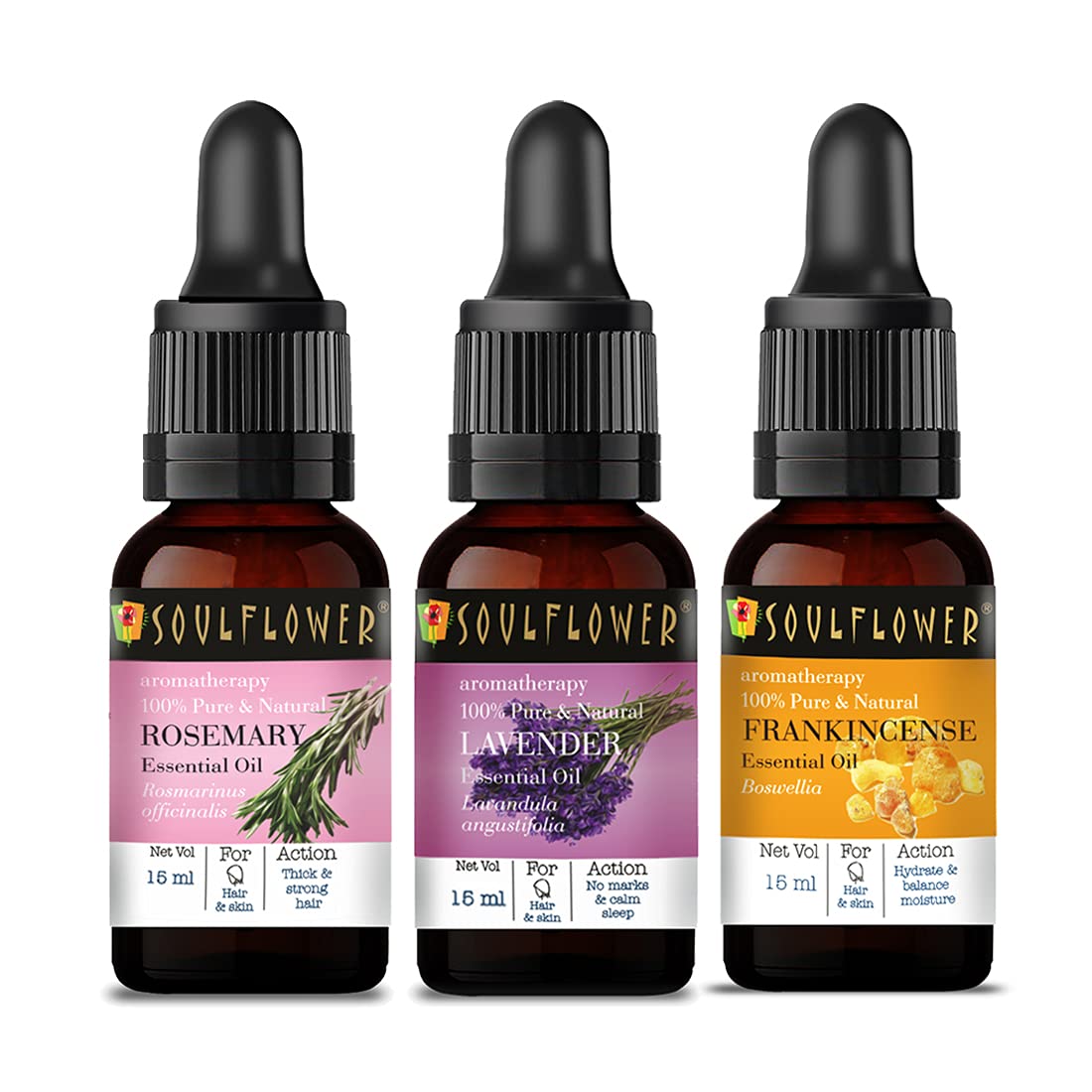 Soulflower Frankincense Essential Oil, Lavender Essential Oil and Rosemary Essential Oil for Acne, Soft Skin, Healthy Hair 100% Pure, Natural, Undiluted & Organic Premium Oil - Pack of 3 (15ml each with free dropper)-picture-12