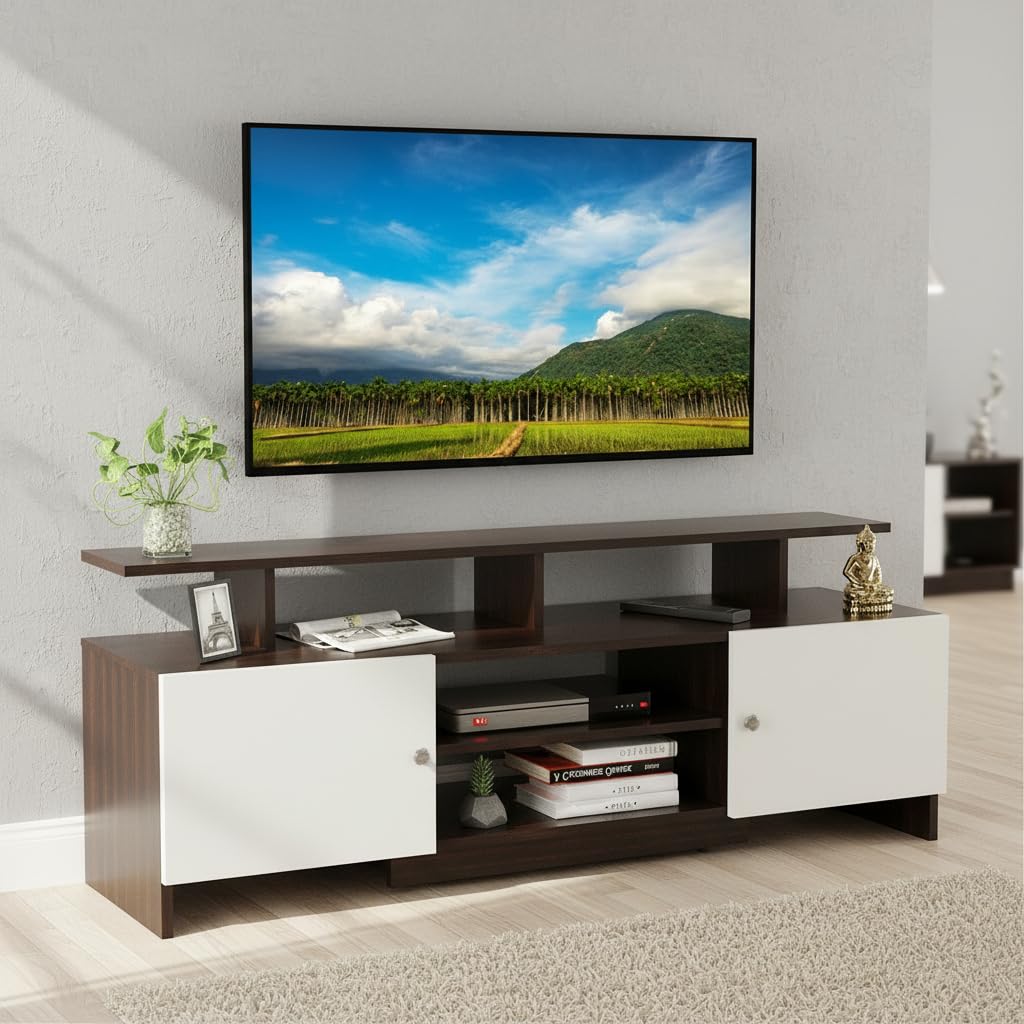 FURNEASER Kashvi Engineering Wood Floor Standing TV Entertainment Unit Set Top Box Stand/TV Cabinet with Shelves for Books & Décor Display Unit, Upto 55 Inches (Wenge & White)-image-25