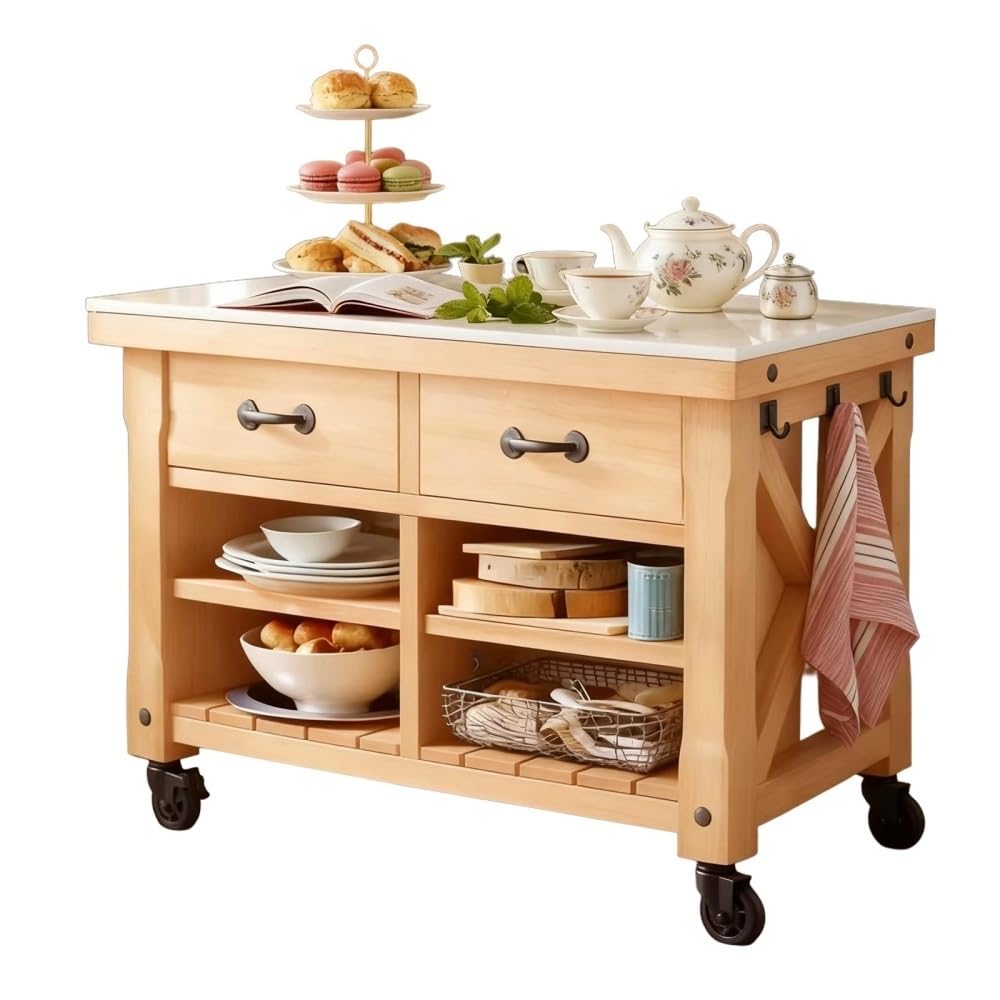 Carrello da cucina Isola della cucina con rotelle for fattoria, cassetti e ripiani superiori in legno massello e pietra(S)