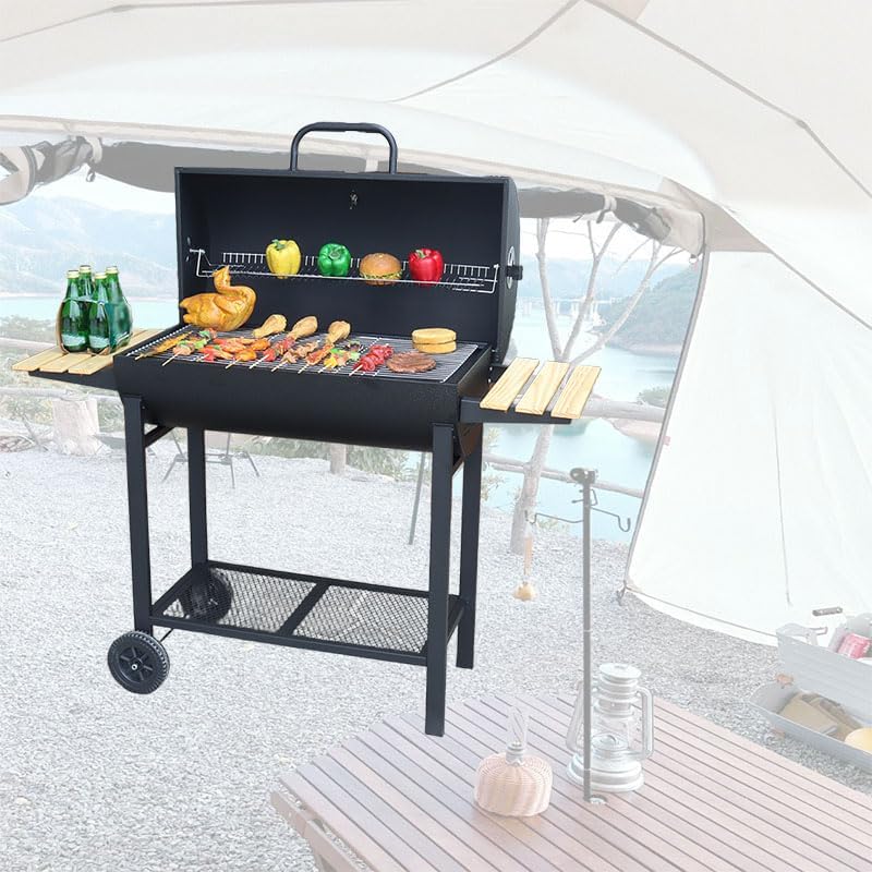 Parrilla de carbón con dos mesas laterales, parrilla de barbacoa de acero resistente para pícnics al aire libre, patios traseros y fiestas