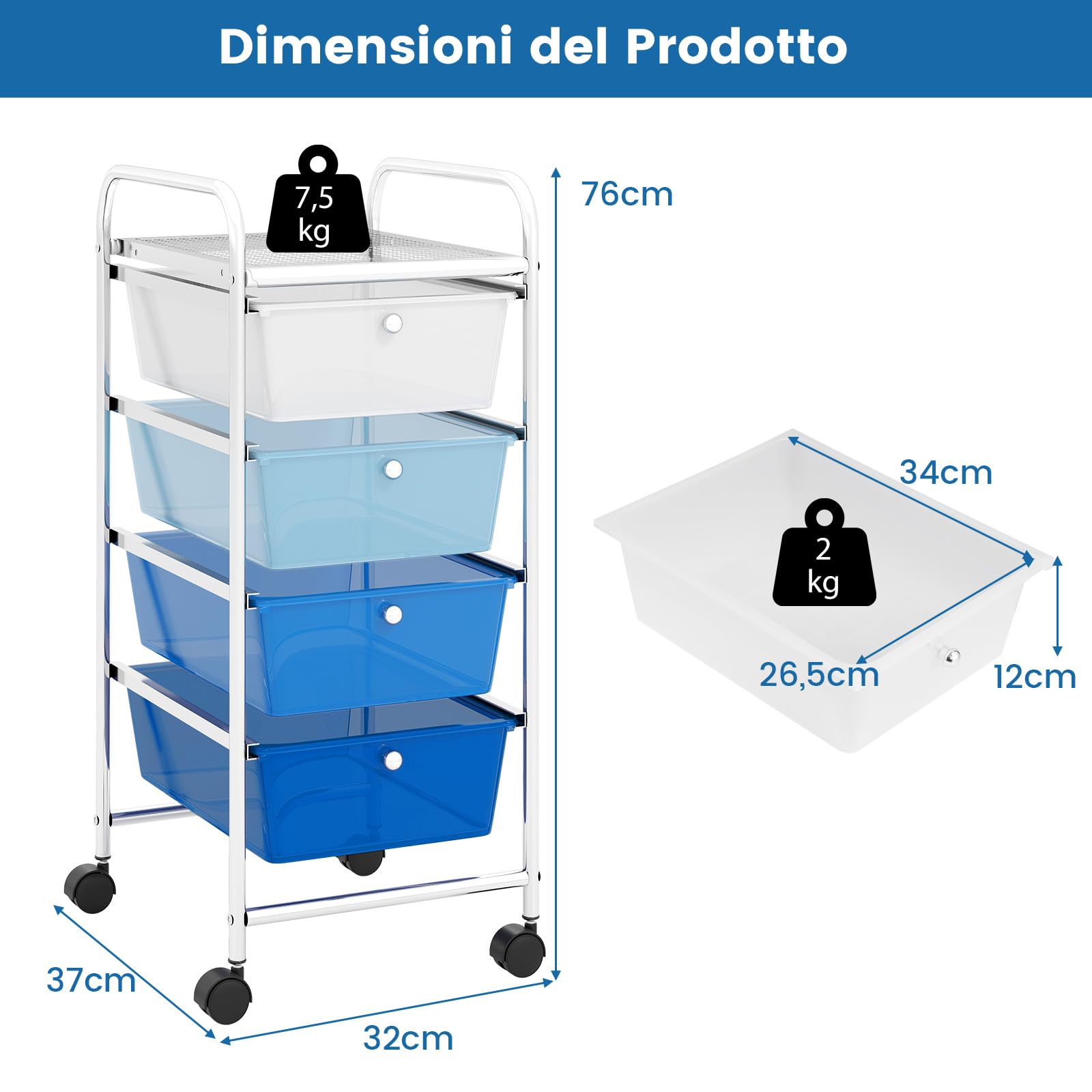 COSTWAY Carrello Portaoggetti con 4 Cassetti, Cassettiera Rimovibili in Plastica, Carrello di Stoccaggio con Ruote per Casa Bagno e Ufficio, 37x32x76 cm (Blu)