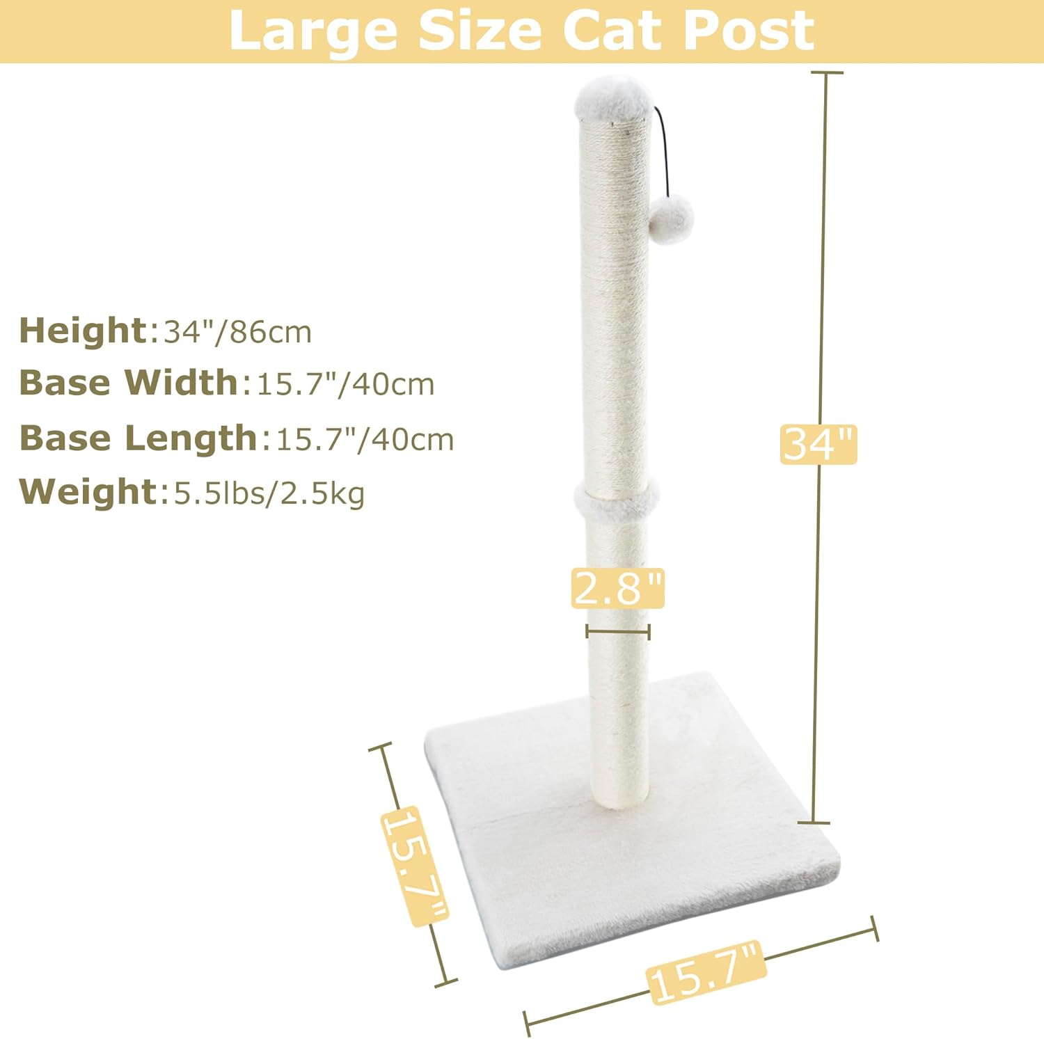 34″ Tall Cat Scratching Post for Large Cats and Kittens, High Vertical Scratcher with Premium Natural Sisal Rope and Interactive Hanging Ball for Indoor Cats (Beige)