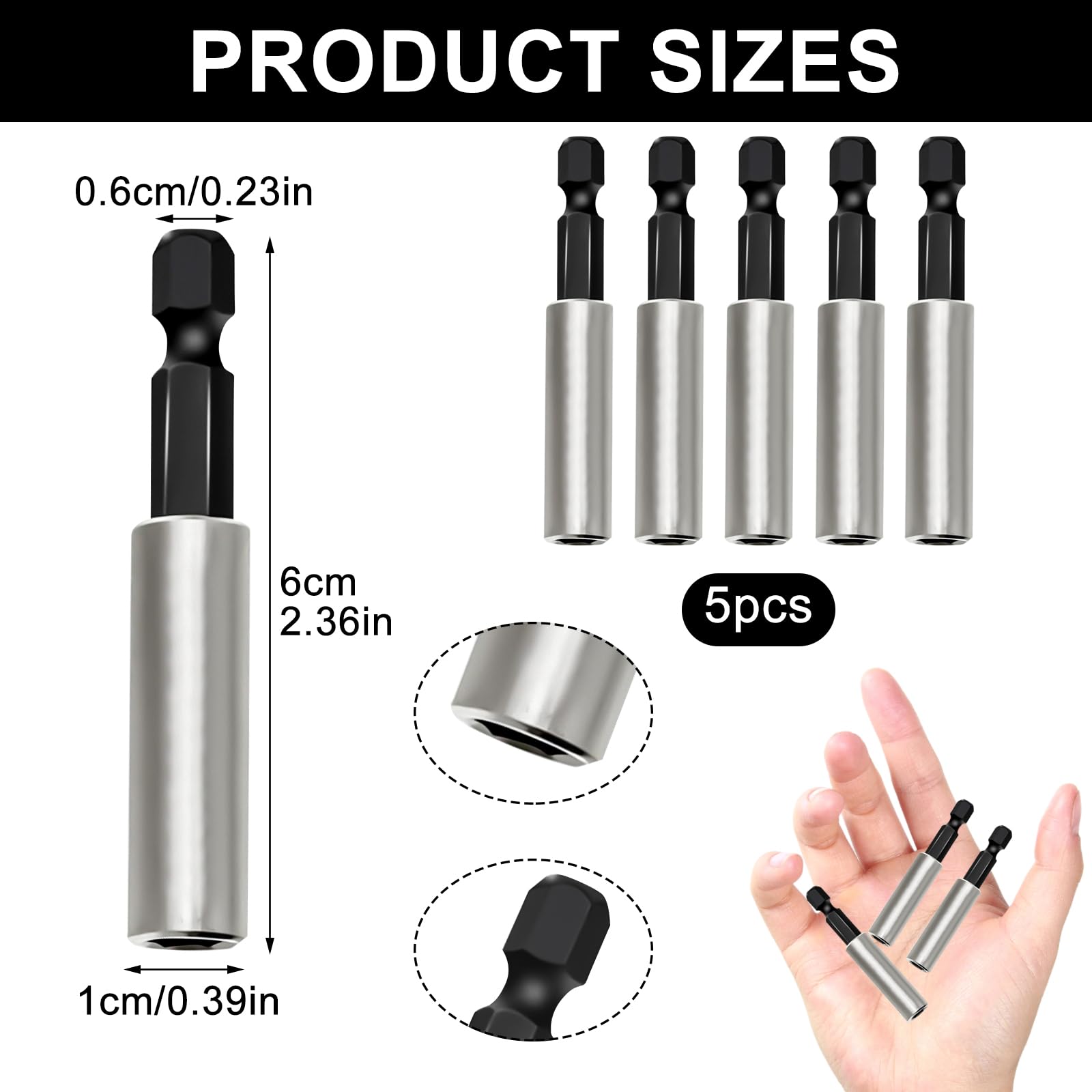 5 Pezzi Porta Inserti Magnetico 1/4" (60 mm), Prolunga per Inserti Avvitatore in Acciaio Inossidabile, Cambio Rapido per Trapano, Avvitatore e Cacciavite