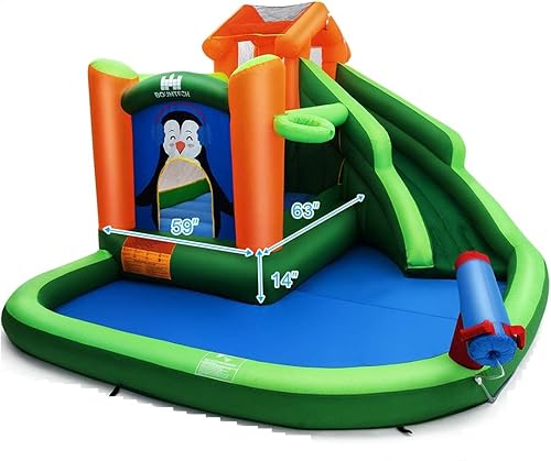 GLACER Casa inflable de rebote de tobogán acuático, tobogán de parque acuático 6 en 1 con pared de escalada, piscina de salpicaduras, cañón de agua,