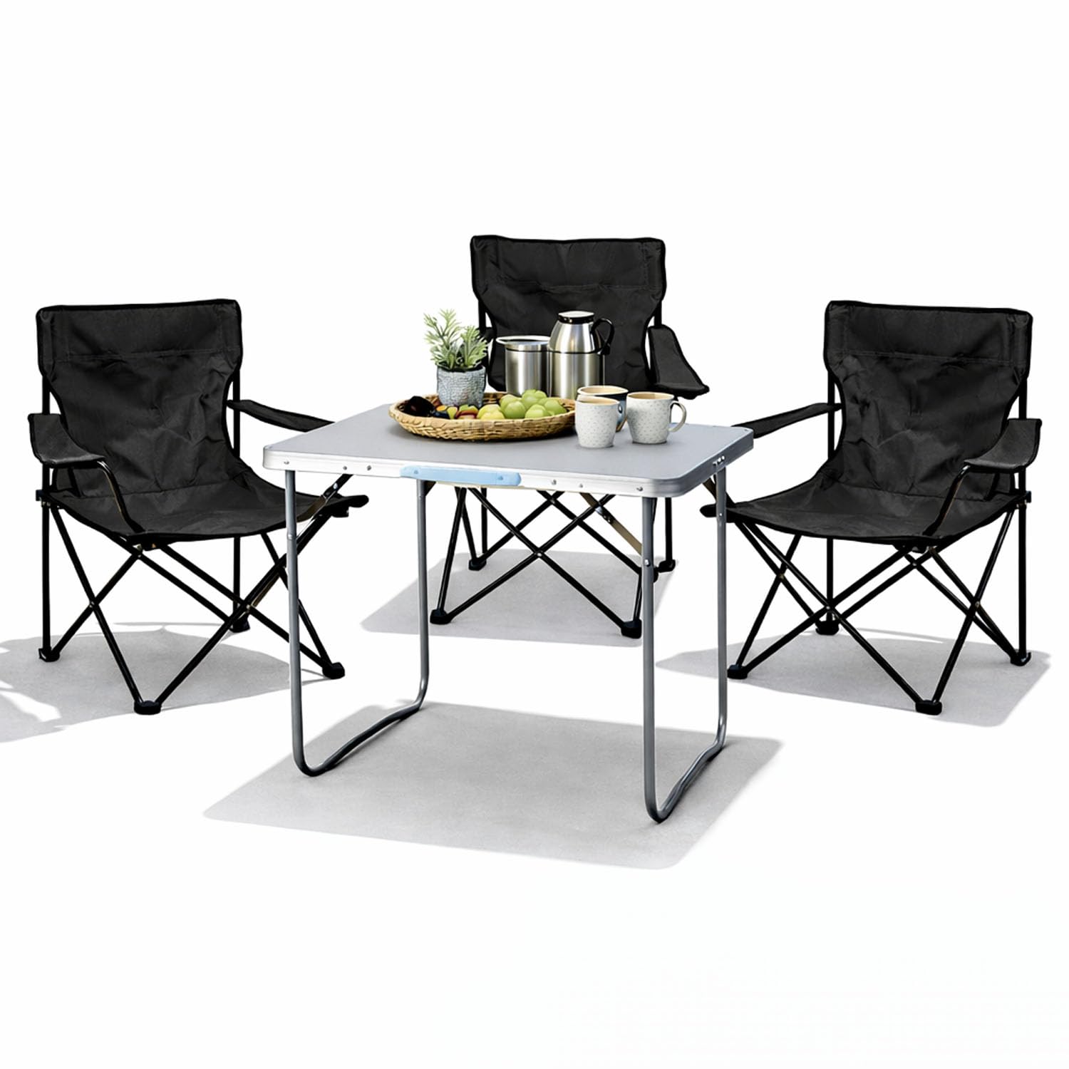 Mojawo 4tlg. Campingmöbel Set Alu 80x60x68cm 1x XL Campingtisch mit Tragegriff + 3 Anglerstühle, Faltstühle Schwarz