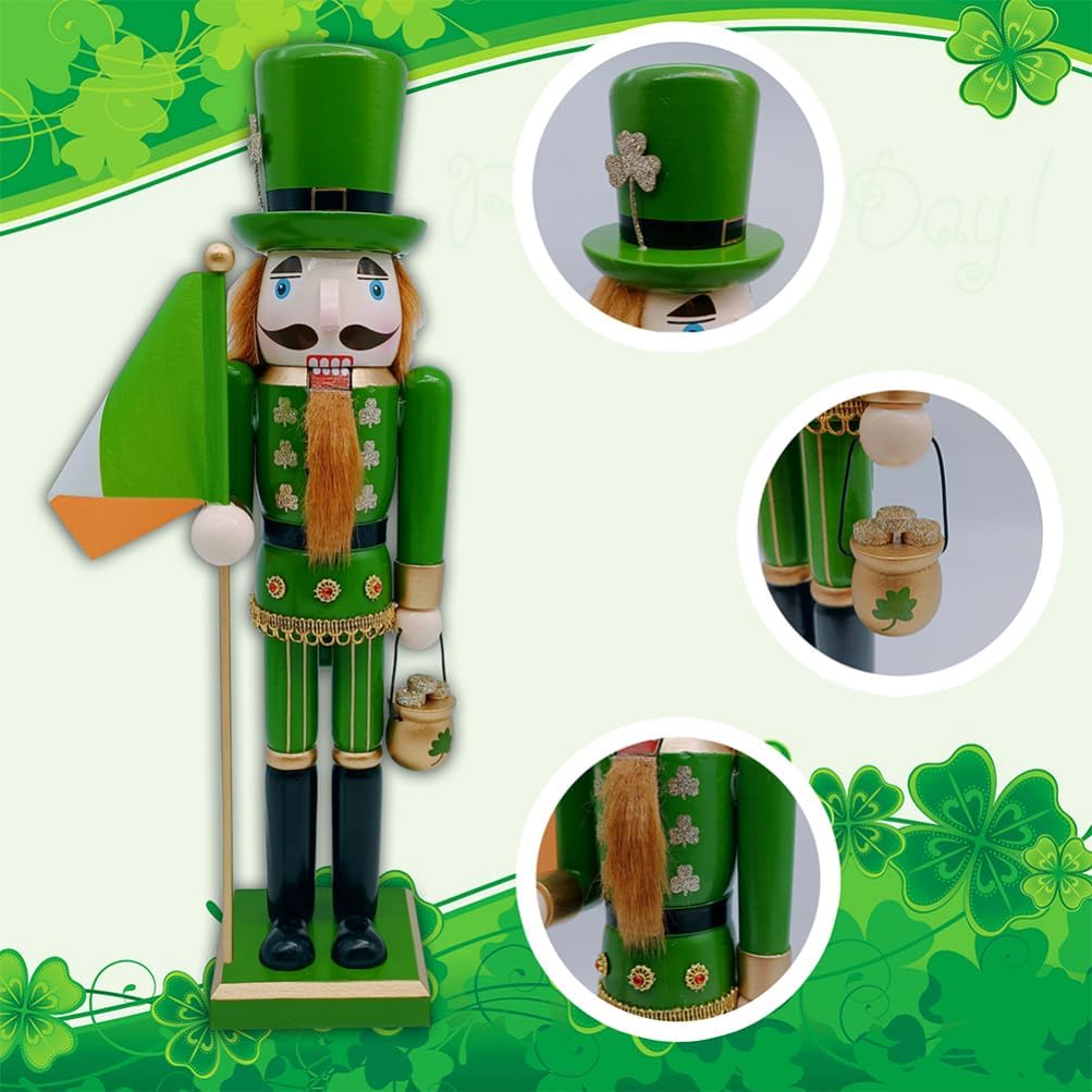 Cabilock 15Inch Wooden Nutcracker Soldier Figurine Irish Shamrock Decor St. Patricks Day Ornaments Hand-Painted Lucky Irish Cape Nutcracker Festive Ornament for Christmas Desktop Home Decor