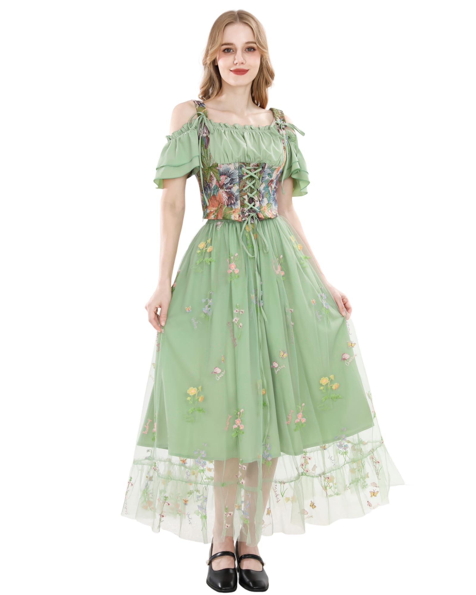 Ensemble de vêtements médiévaux pour femme - Costume d'elfe - Robe maxi 2 pièces en vert - Haut épaules dénudées et jupe en tulle avec broderie florale
