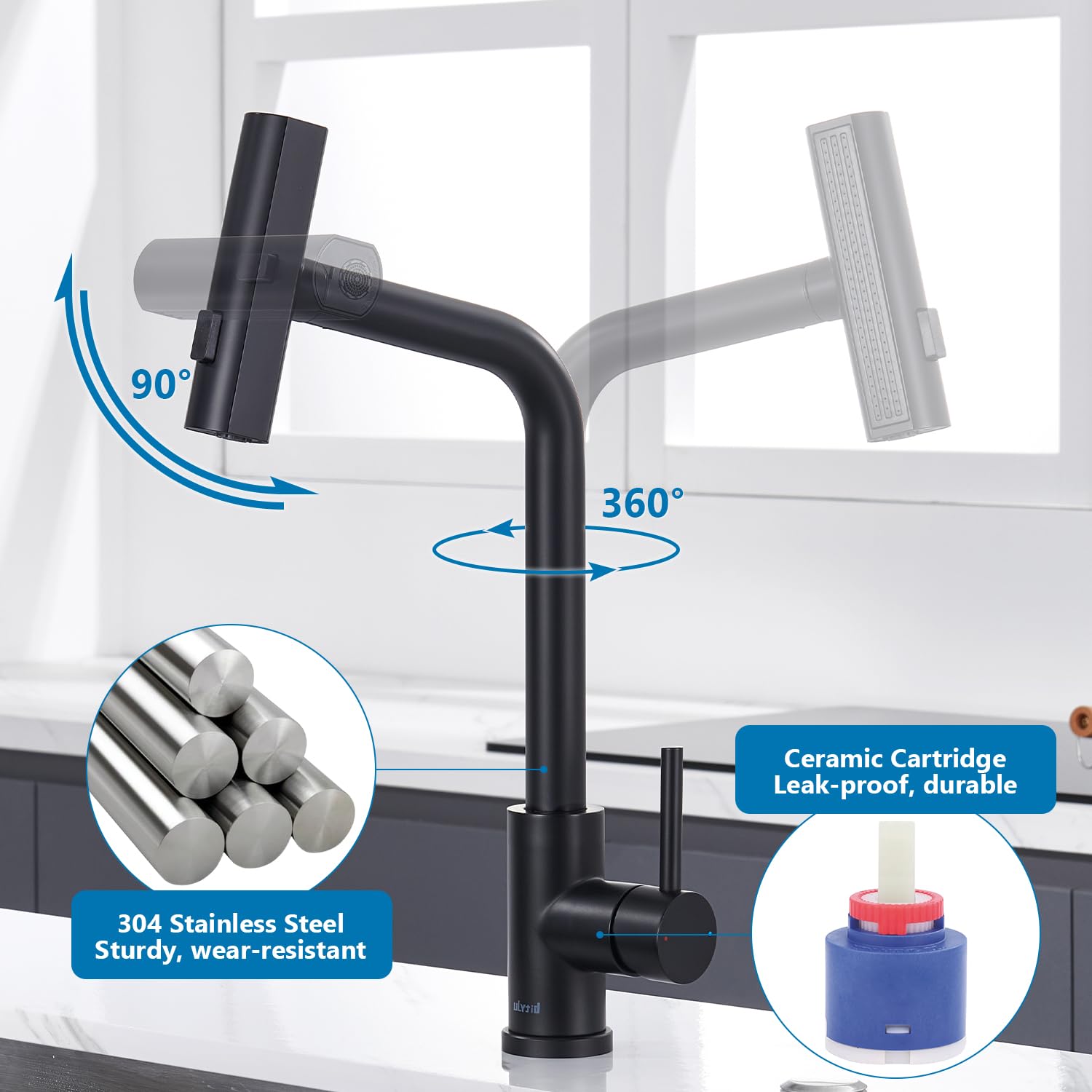 Grifo Cocina Negro Extraible, Grifo Cocina en Cascada con 3 Modos de Ajuste, Giratorio a 360° Mezclador Monomando Fregadero con Caño Alto, Acero Inoxidable, Agua Frío y Caliente Regulable