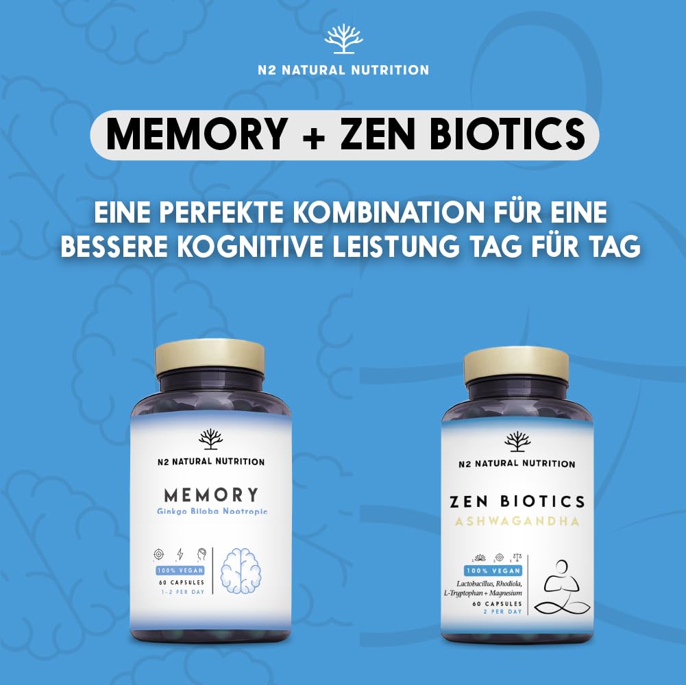 Nootropic - Ginko Biloba für Konzentration. Folsäure, Reishi, Bacopa Bonnieri. Brain Booster | Koffein. Vit b12, B6 zur normalen psychologischen Funktion beitragen.60Vegan Kapseln N2 Natural Nutrition