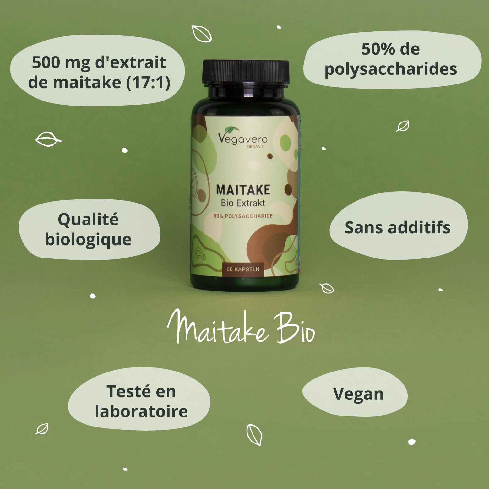 Maitake BIO Vegavero® | Dosage Élevé : 7500 mg | Extrait Standardisé à 50% de Polysaccharides | Antioxydant Naturel + Anti Stress | Sans Additifs | 60 Gélules | VEGAN