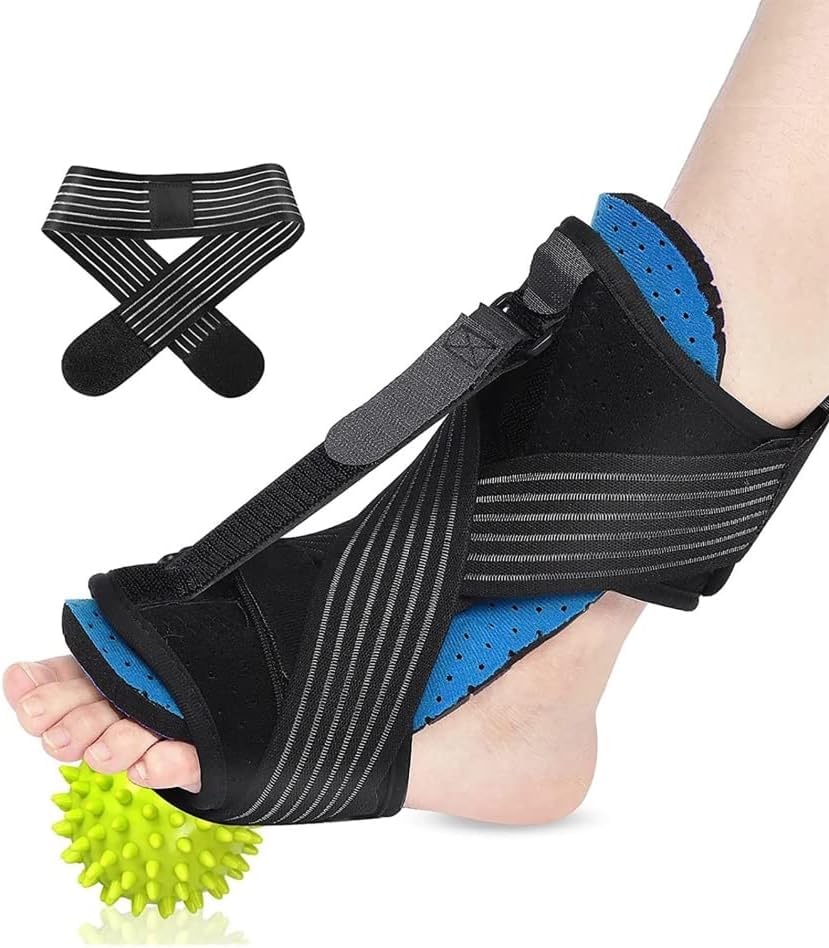 Plantar Fasciitis Night Brace Ankle Support Splint with Massage Ball Adjustable Breathable Drop Foot Orthosis for Pain Relief (Blue) (Blue)-Blue