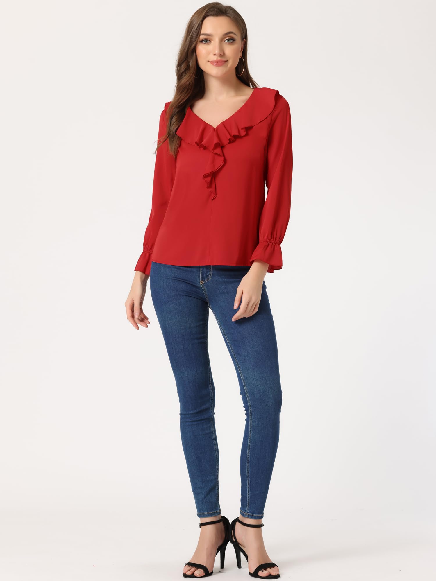 Allegra K Blouse à volants pour femme, élégante avec col en V et manches longues, idéale pour le travail ou les occasions décontractées ou habillées, Rouge, Taille XL
