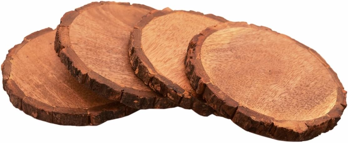 Purpledip Wooden Coasters Set of 4 in Natural Mango Tree Bark: Rustic Dining Table Barware Gift (11141)