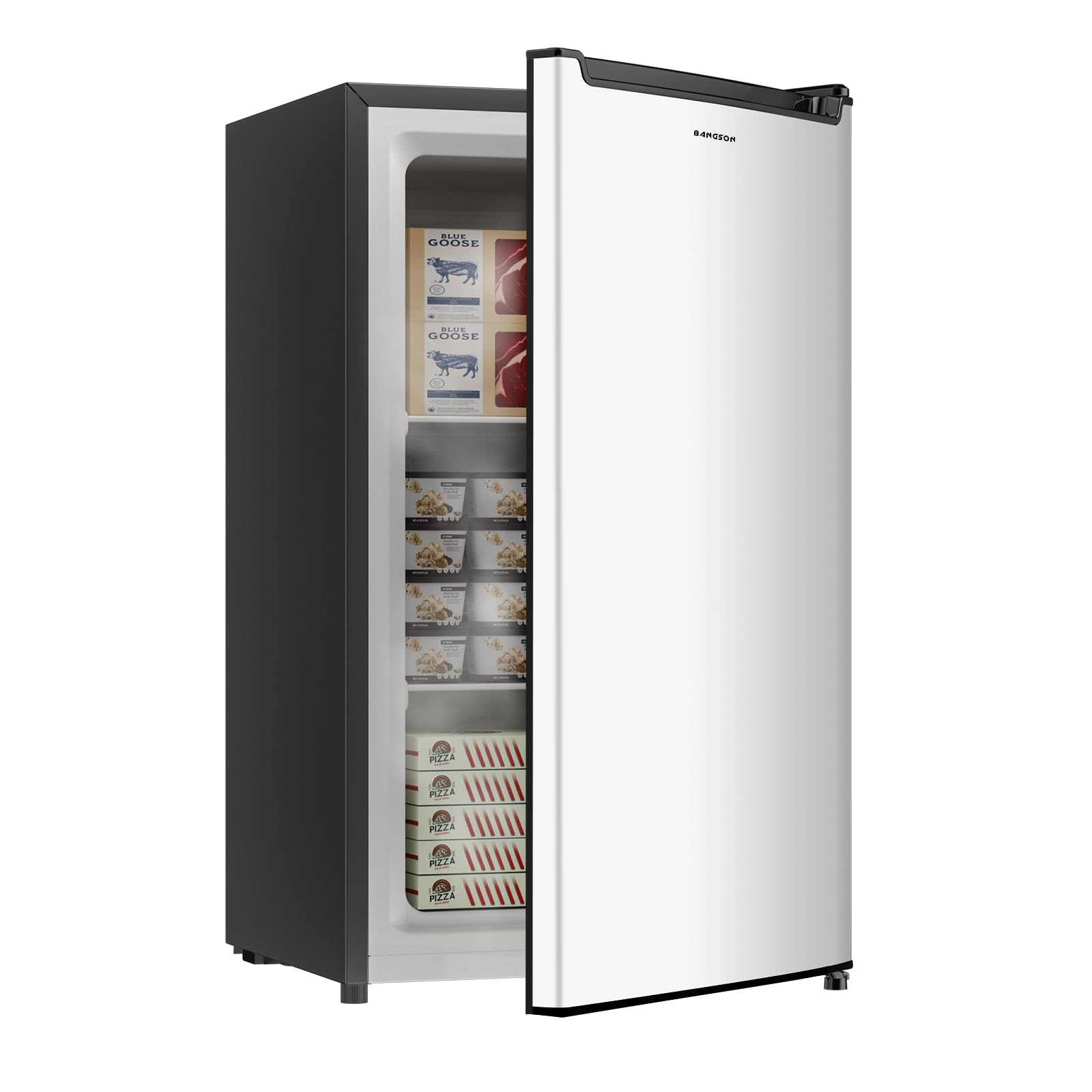 BANGSON 2.1 Cu.ft Upright Freezer, Compact Mini Freezer with Reversible Door, Adjustable Thermostat, Removable Shelves, Energy-Saving Small Freezer for Garage/Dorm/Office/Apartment, Silver