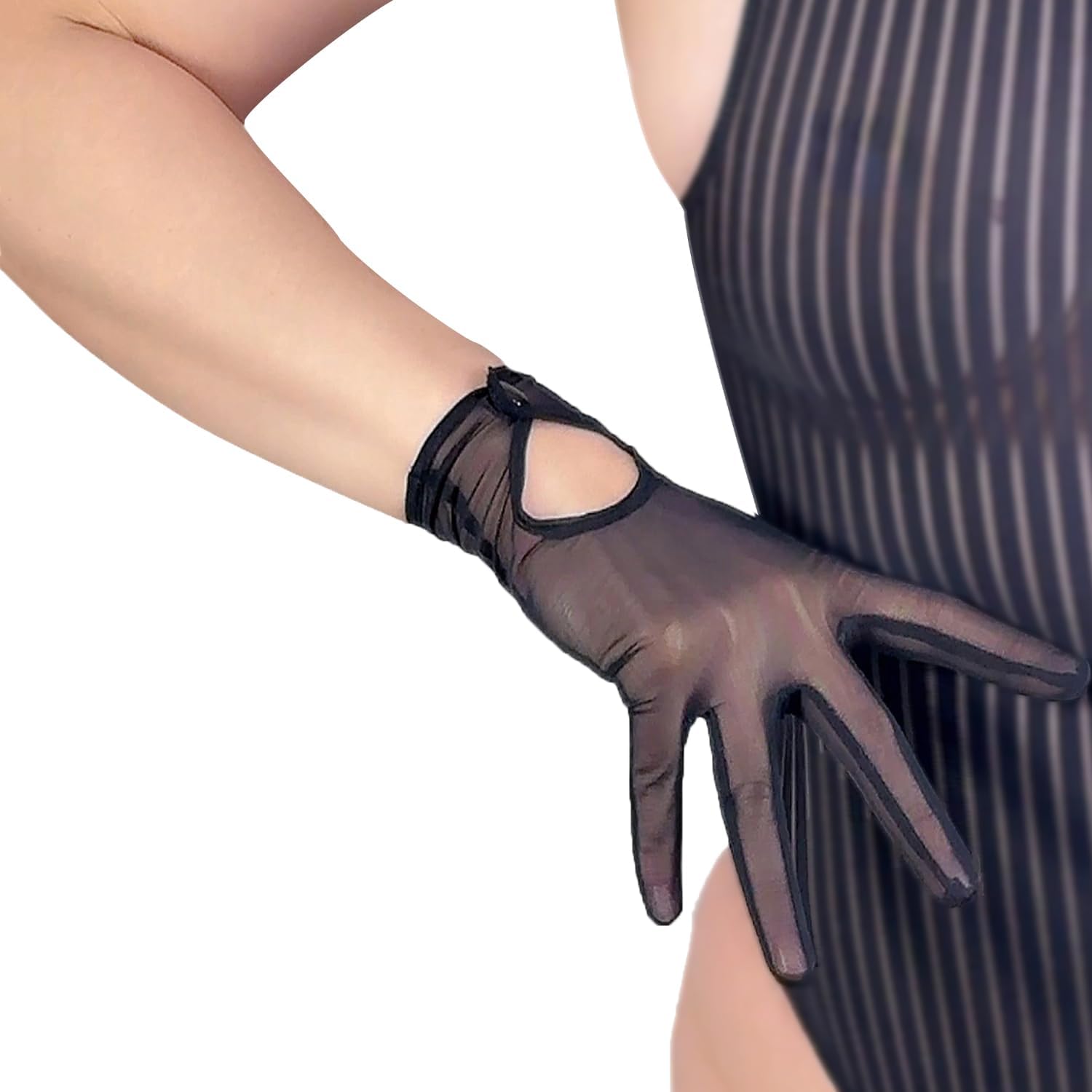 DooWay BLACK MESH GLOVES Women's 9" Wrist Short Snap Botton Touchscreen Sheer Lace for Driving Evening Party Dressing Up