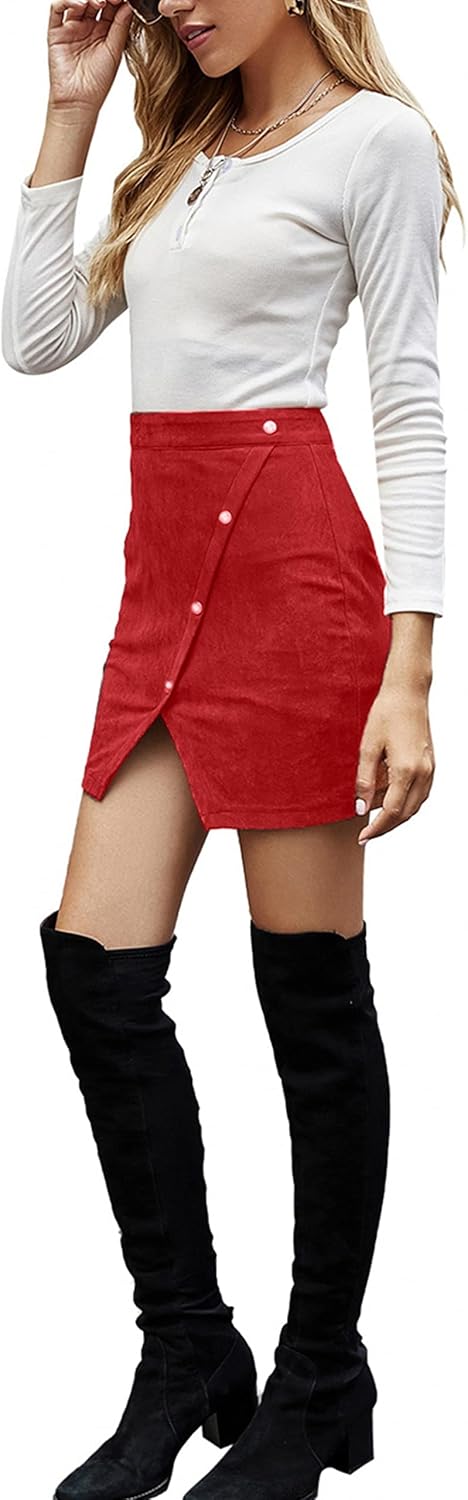 Women's Faux Suede High Waist Button A-Line Mini Pencil Skirt - Image 3