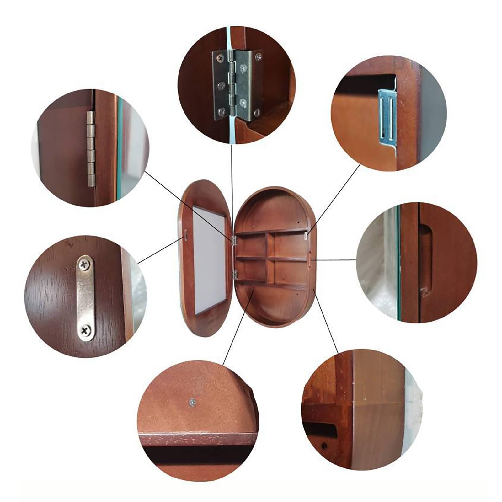 Botiquín con espejo, organizador de almacenamiento de madera arqueado montado en la pared para baño, sala de estar y dormitorio, ideal para inodoros y espacios compactos