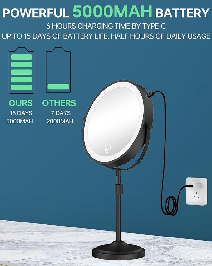 Espejo de Maquillaje con Luz LED 9", 10X Aumento, Ajustable, Recargable miniatura 3