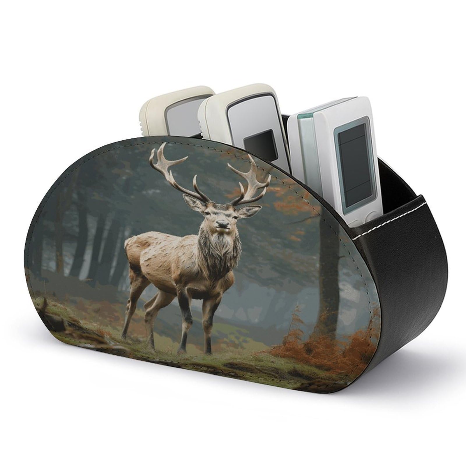 LZQPOEAS Deer Animals Remote Control Holder with 5 Compartments PU Leather Remote Organizer Box Caddy for Table Nightstand Remote Caddy Desktop Organizer Fits Media Controllers