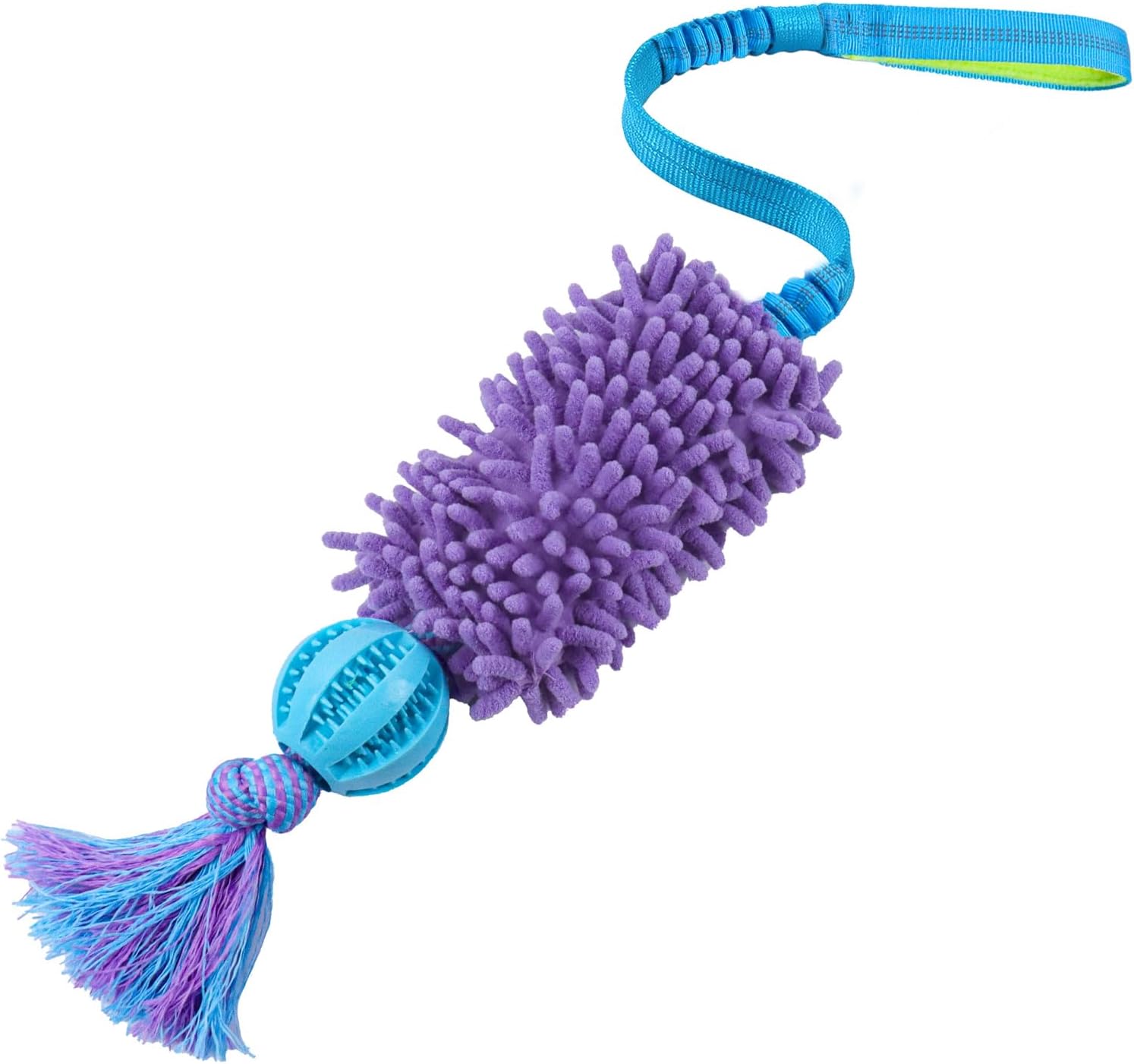 Squeaky Dog Tug Toy, Interactive Rope Toy with Dog Treat Ball, Soft Chenille Bungee Pull Toy for Chewing & Training, Tug of War Dog Toy for Small Medium Dogs (Purple)