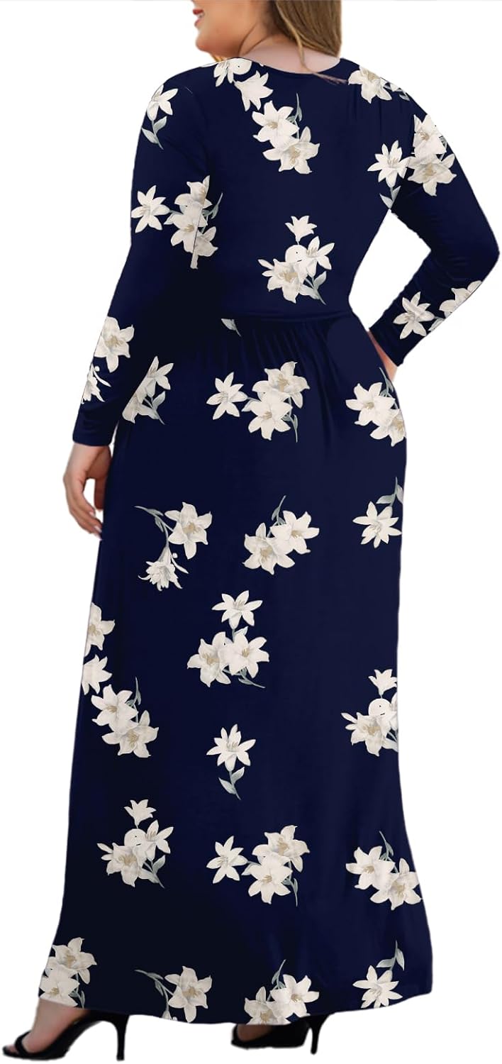 Women's L-5XL Long Sleeve V-Neck Plus Size Maxi Dresses with Pockets - Image 4