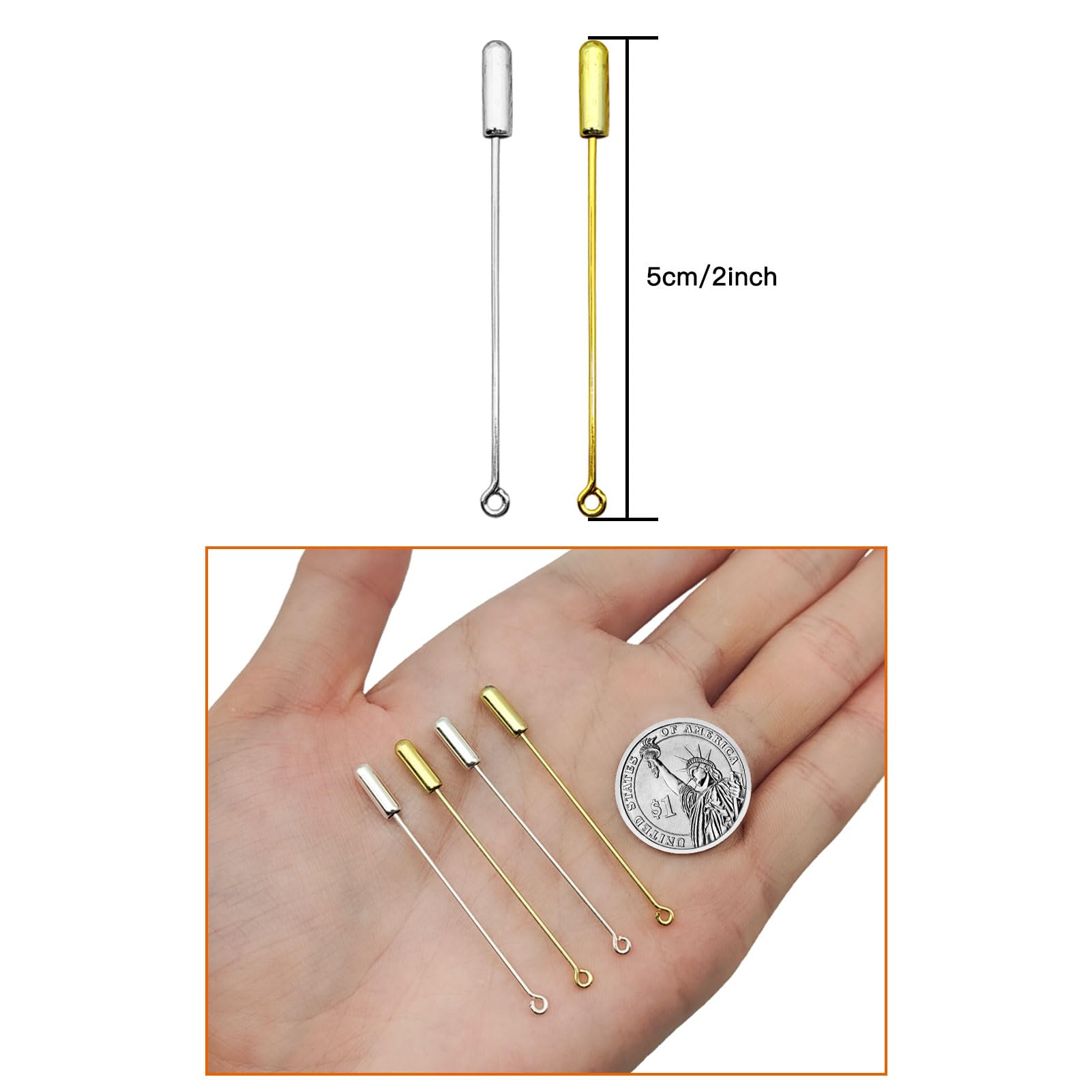 60 broches de seguridad para la fabricación de joyas, broche de metal con extremos de tope para disfraz de bricolaje, alfiler de corbata, accesorios para hacer joyas (oro, plata)