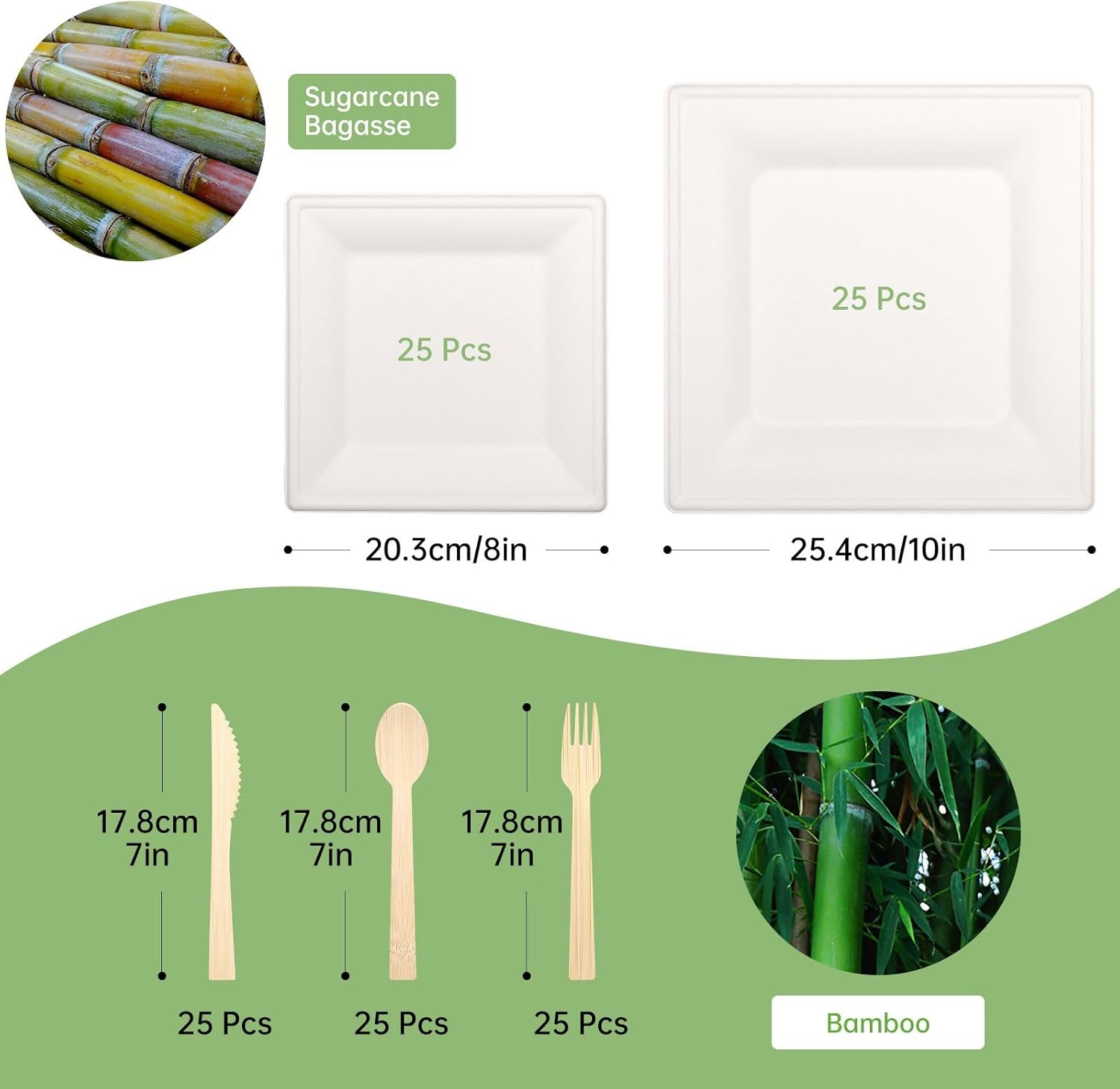 LEKOCH Compostable Plates Set, 25 Guests Sugarcane Dinnerware - Eco-friendly Heavy-Duty Square Plates, Forks, Knives, Spoons, Biodegradable Plant-Based Utensils for Parties & Catering