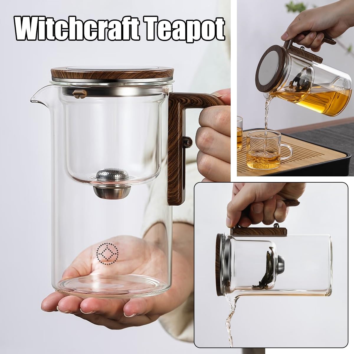 Tetera de brujería con tetera de cristal encantada con colador for té suelto Tetera de brujería con control de prensa Tetera mágica 2 en 1 Tetera de cristal con separación de agua Tetera mágica(720ml)