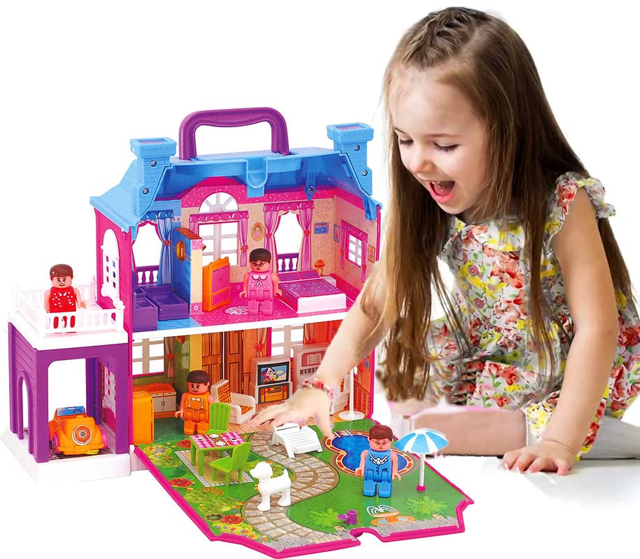 Image of Miniature Mart Battery Operated Doll House Toys for Girls with Furniture Set & Human Figures 40 Pc Set All Room Lighting Up Lights + 1 Small Size Car with Parking Space | Gift for Girls