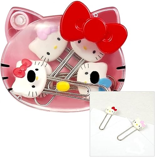 [5 en 1] Hello Kitty Cute 5pcs Juego de clips de papel con lindo estuche de transporte de cara de Hello Kitty rosa