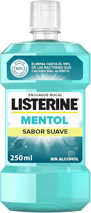 Listerine Mentol Enjuague Bucal Sin Alcohol Sabor Menta Suave, 250 ml