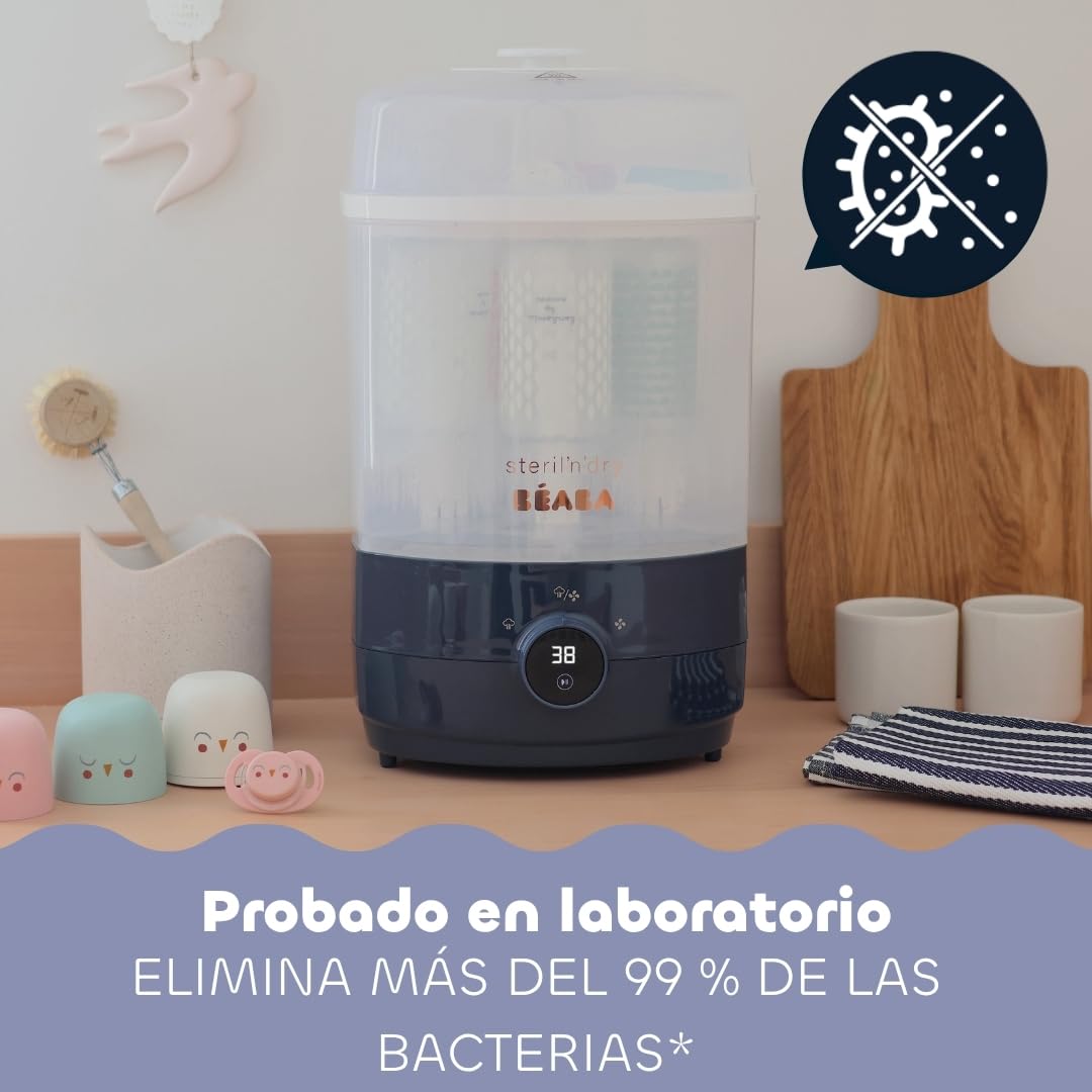 Béaba Esterilizador Secabiberones y Accesorios 2 en 1, 2 Compartimentos, 3 Modos, Elimina el 99.9% de las Bacterias, Gran Capacidad, Sin Filtro, Modular, Sencillo y Rápido, Steril'n'Dry, Azul Noche