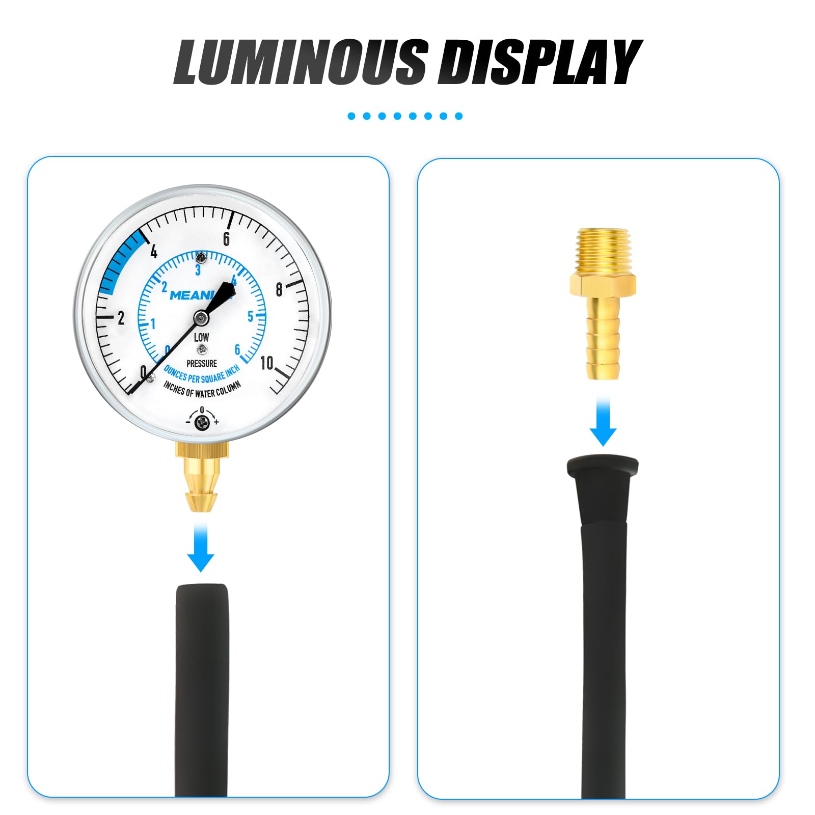 MEANLIN MEASURE Kit per test di pressione del gas collettore WC da 0 a 35 pollici, kit manometro per gas naturale o gas LP con tubo da 101,6 cm, raccordo BSP da 1/8" con connessione spinata e boccola