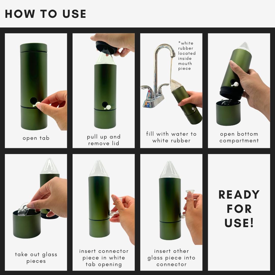 All-In-One Portable Smell-Proof Water Bottle Set for Travel- Premium Glass, Silicone, and Aluminum Hookah, Replaceable Accessories Part, Concealable Water Bottle Style Hookah for Smoker (Army Green)