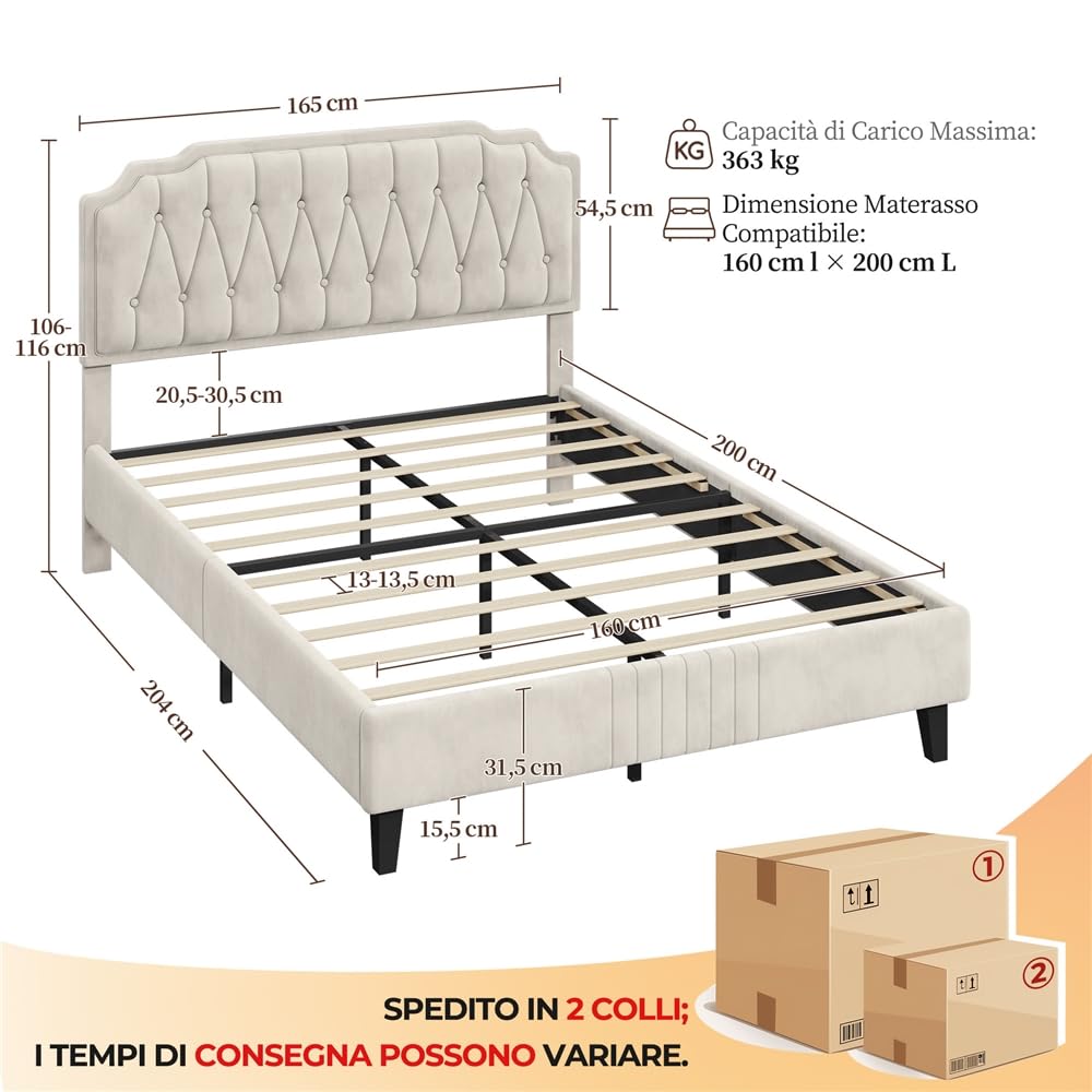 Yaheetech Letto Matrimoniale Imbottito 160 x 200 cm con Testiera Regolabile in Altezza Telaio con Rete a doghe in Legno e Metallo Beige