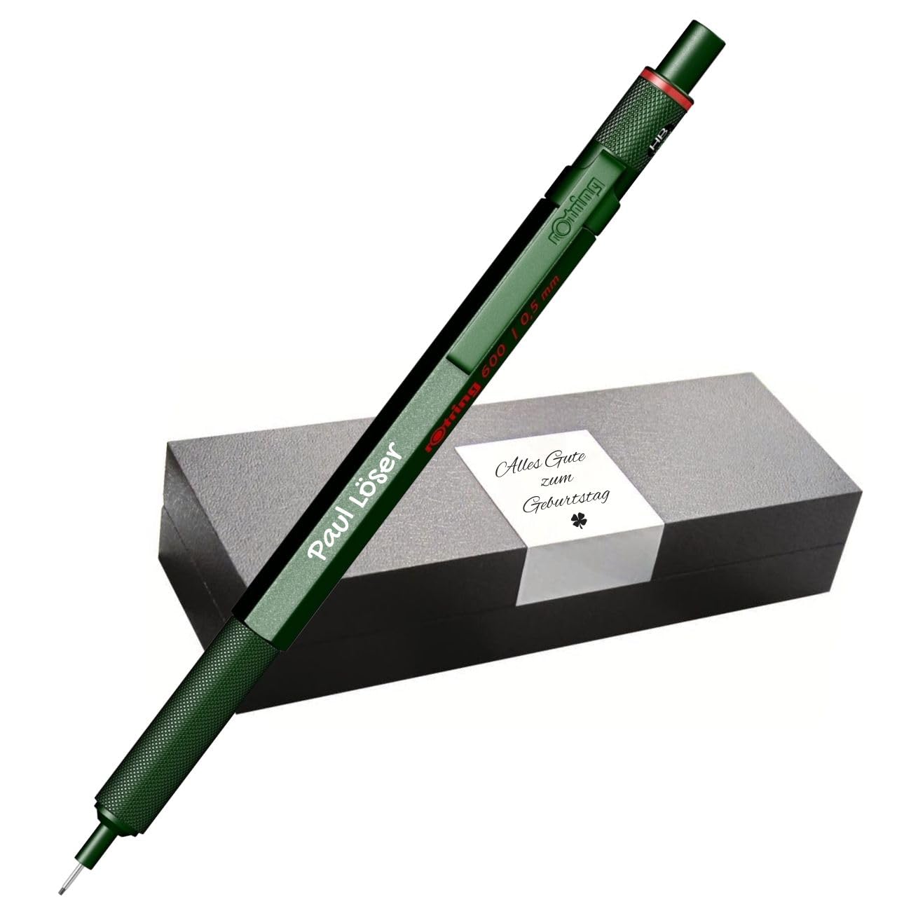 rOtring 600 portamine meccaniche, corpo in metallo, con incisione personalizzata, mina fine di alta qualità con custodia, idea regalo per uomini e donne (verde)