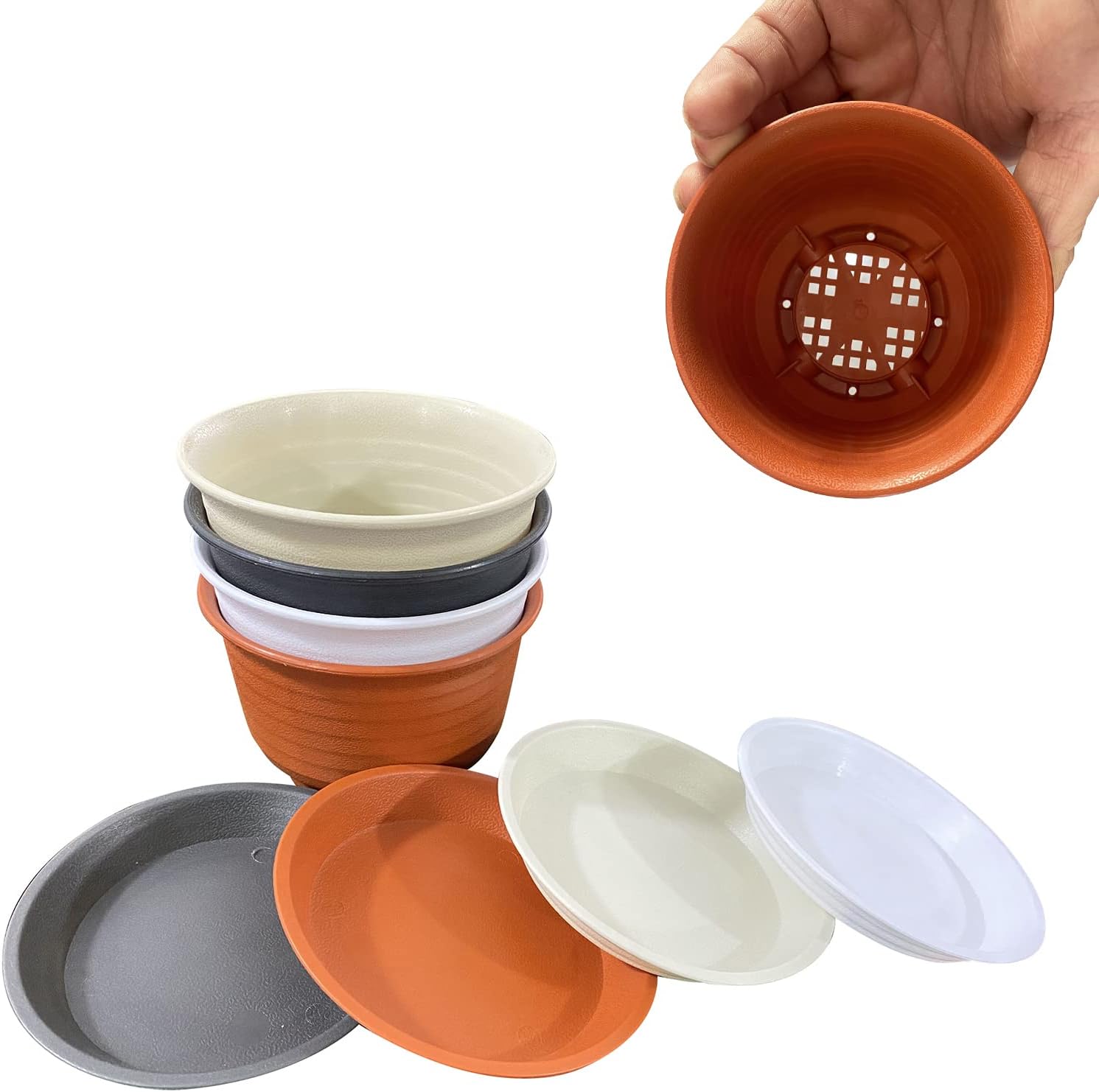 4 inch Planter Nursery Pots, Plastic Planters Pots for Plants Flower Transplanting with Drainage Holes and Saucers, 4 Colors 8 Pieces.