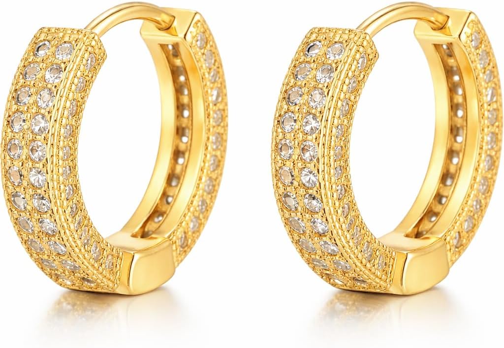 QueenBee 14K Gold Plated CZ Hoop Earrings for Men, Double Row Cubic Zirconia Huggie Earrings, Small Gold Hoop Earrings for Men, Men's Hip Hop Earrings Jewelry Gift