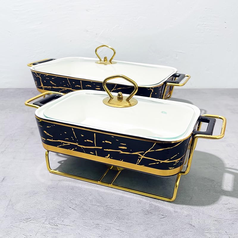 HONHPD Ceramics Chafing Dish Buffet Set, Marble Finish Chafing Dish, Rectangular Chafers for Buffet/Weddings/Parties/Banquets/Catering Events, Black (3 Piece Set?