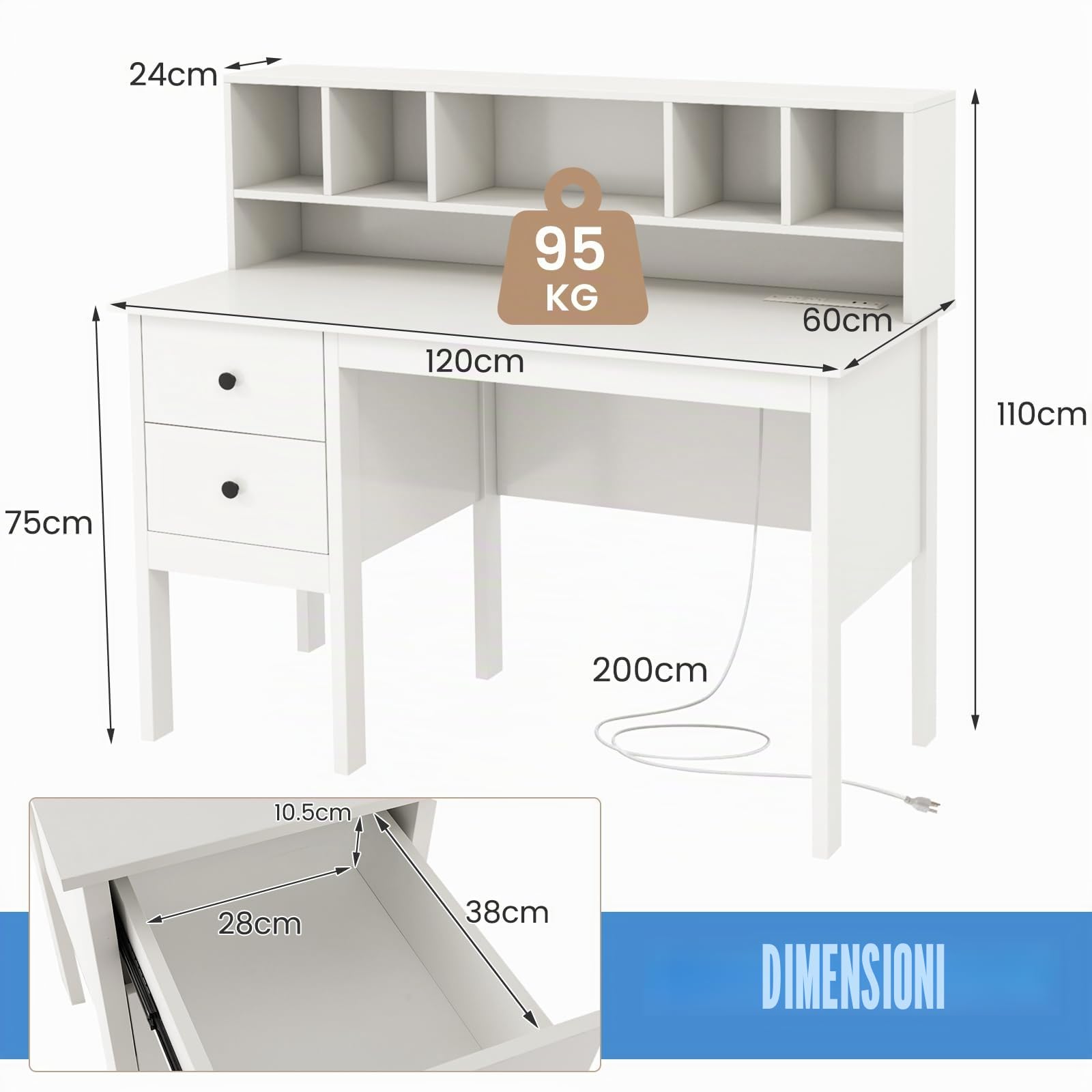 LIFEZEAL Scrivania per computer con deposito, tavolo da studio con cassetti e 5 scomparti, postazione di lavoro per ufficio, casa, 120 x 60 x 110 cm, bianco