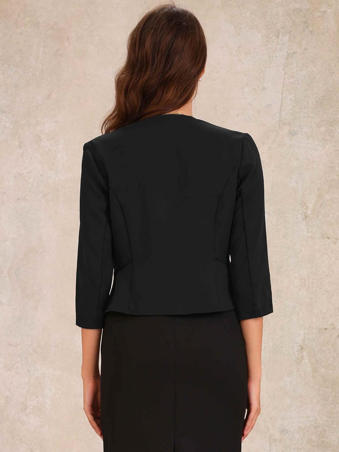 Allegra K Elegant Crop Blazer for Women's Open Front Collarless 3/4 Sleeve Peplum Business Suit Jacket - Image 3