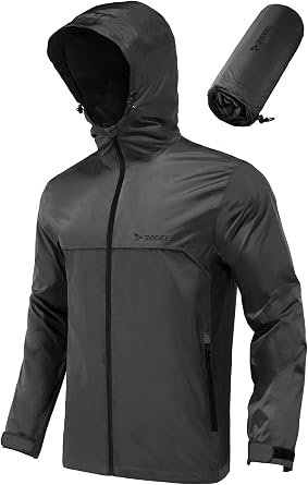 Rodeel Men's Waterproof Rain Lightweight Reusable Hiking Hooded Coat Jacket for Outdoor Activities