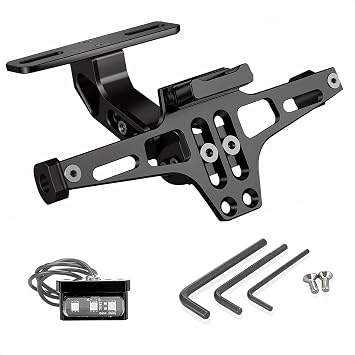 LKV Universal Motorcycle License Plate Bracket Frame with LED Light | CNC Aluminum, Motorcycle License Plate Holder Mount Fender Eliminator Kit, Multi-angle Adjustable