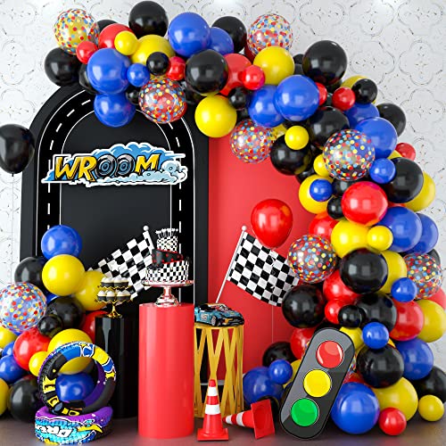 GREMAG Balloons Arch Kit - 105PCS Black, Red, Blue Confetti Latex Balloons for Race Car Theme Boys Birthday Decoration
