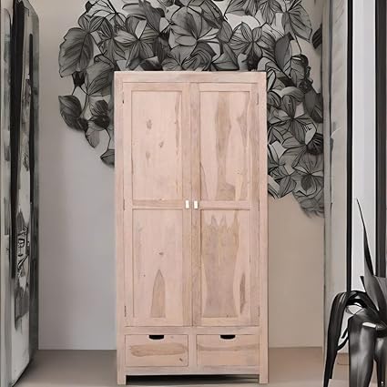 Sheesham Wood Armoire with 2 Drawers, 2 Doors, Shelves - Rustic Wardrobe for Bedroom, Living Room, Dining Room, Office, Nursery