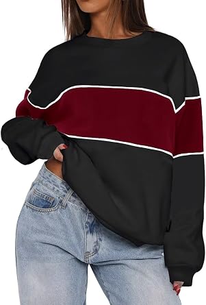 LEEDYA Womens Long Sleeve Sweatshirts Oversized Crewneck Color Block Pullover Top Casual Lightweight Blouse Tops