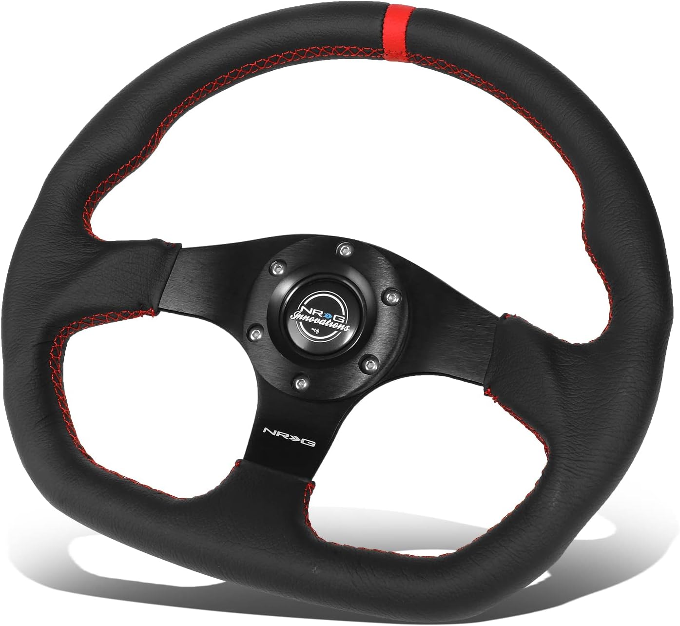 NRG Innovations 320mm Reinforced Flat Bottom Steering Wheel - Sport Leather, Red Stitching & Center Mark